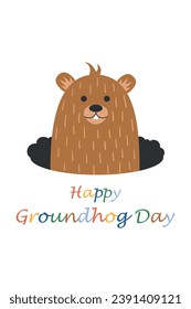 Inscription Happy Groundhog Day. A marmot crawling out of a hole, holiday postcard. The groundhog crawled out of the hole, looked and thought. Vector illustration