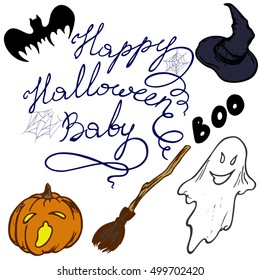 inscription Happy Halloween baby, web, broom, witch hat, pumpkin, bat and bringing
