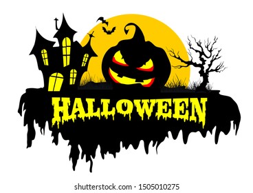 The inscription happy Halloween background with yellow moon grim black house, the evil pumpkin and tree

