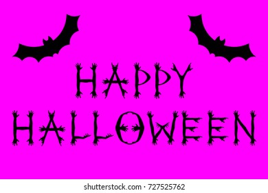 Inscription HAPPY HALLOWEEN with bat silhouettes. Concept font made of corpse hand shadows. Zombie poster and greeting card template. Purple and black color.