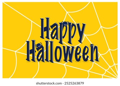 A inscrição Feliz Halloween com teias de aranha e aranhas em um fundo amarelo