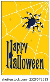 A inscrição Feliz Halloween com teias de aranha e aranhas em um fundo amarelo