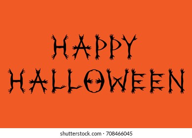 Inscription HAPPY HALLOWEEN. Concept font made of corpse hand silhouettes. Zombie poster and greeting card template. Orange and black color.