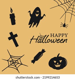 inscription happy halloween pumpkin cross candy cobweb candle and ghost