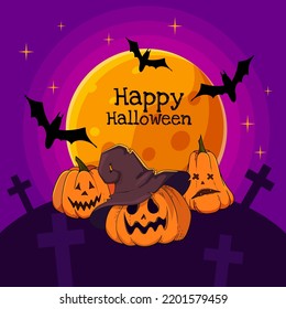 inscription happy halloween pumpkins with grimaces in the cemetery bats nga against the backdrop of the full moon