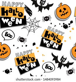 The inscription Happy Halloween and the silhouette of a pumpkin, bat and spider on a white background seamless pattern