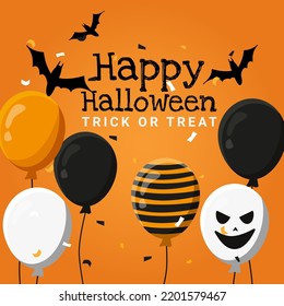 inscription happy Halloween and trick or treat on the background of balloons with confetti and bats