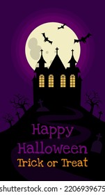 The inscription Happy Halloween and Trick or Treat house on the cemetery 