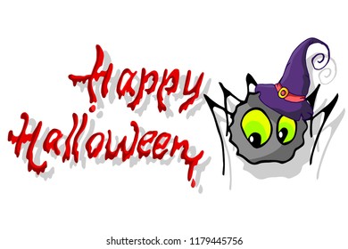 The inscription "Happy Halloween". Vector cute spider in the hat. 