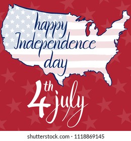 Inscription happy independence day 4th july, flag and map of the United States of America