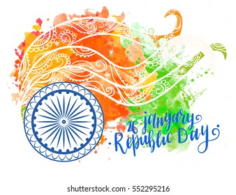 Inscription Happy Indian Republic day concept with text 26 January lettering watercolor. Vector illustration. Calligraphy for the print typography