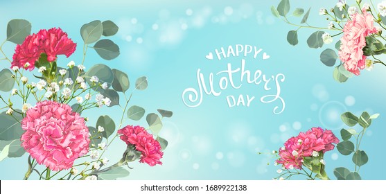 Inscription Happy Mothers Day with bunch of red and pink carnations, eucalyptus branches and white gypsophila on a blue pastel background. Template for greeting card, banner, poster, voucher design