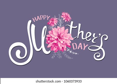 Inscription Happy Mothers Day with decorative pink flowers, floral hand drawn elements on a dark-violet background. Template for greeting card, banner, poster, voucher, sale announcement