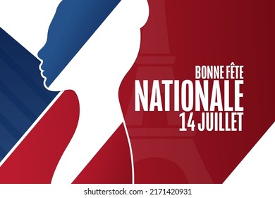 Inscription Happy National Day, July 14 in French. Bastille Day. Holiday concept. Template for background, banner, card, poster with text inscription. Vector EPS10 illustration