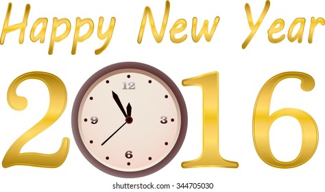 the inscription happy new year 2016, metal gold, on a clock five minutes to twelve, vector