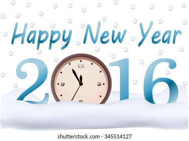 the inscription happy new year 2016, on the clock at five minutes to twelve, snowflakes and snow, winter, vector