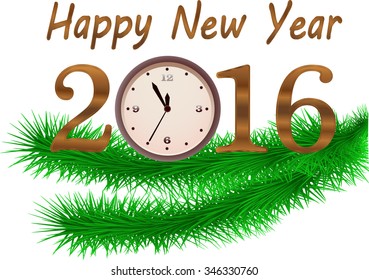the inscription happy new year 2016, on the clock at five minutes to twelve, winter, snowflakes, spruce branch vector