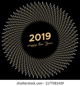 Inscription Happy New Year 2019 with firework around. New Year and Xmas Design Element Template. Vector Illustration.
