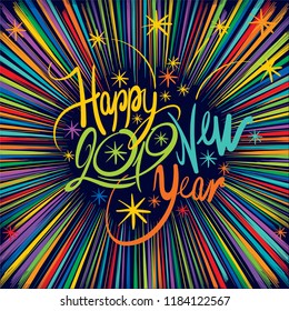 Inscription - Happy New Year 2019 - colorful fireworks