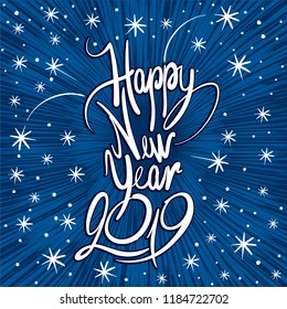 Inscription Happy New Year 2019 - Fireworks and snowflakes