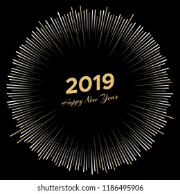 Inscription Happy New Year 2019 with firework around. New Year and Xmas Design Element Template. Vector Illustration.
