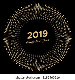 Inscription Happy New Year 2019 with firework around. New Year and Xmas Design Element Template. Vector Illustration.
