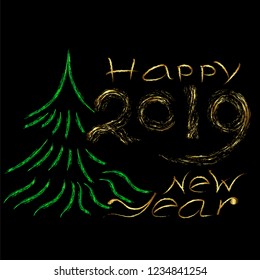 inscription of happy new year 2019 in gold on a black background with a Christmas tree, brush