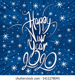 Inscription Happy New Year 2020 - Fireworks and snowflakes - Vector 