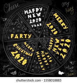 inscription happy new year 2020  in the shape of cheese and pizza
