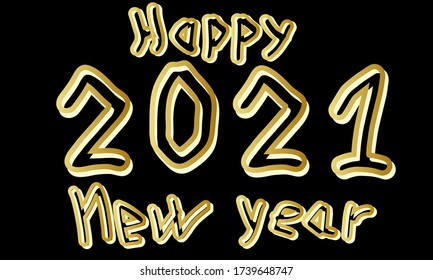Inscription happy new year 2021. Gold letters and numbers on a black background. The second contour is like a shadow.