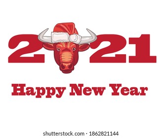 Inscription Happy new year 2021.2021 year of the bull. Bull in the hat of Santa Claus. Great lettering for greeting cards, stickers, banners, prints. Christmas card. Isolated on white vector cartoon 