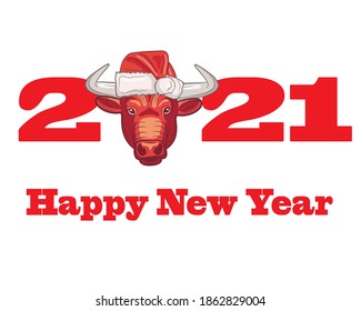 Inscription Happy new year 2021.2021 year of the bull. Bull in the hat of Santa Claus. Great lettering for greeting cards, stickers, banners, prints. Christmas card. Isolated on white vector cartoon 