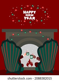 The inscription "Happy New Year". Coffee mugs with drawings in their hands. A date of women in love.Fabric Christmas room interior, tea party together with a fireplace, Christmas decor with garlands.
