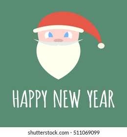 inscription: Happy New Year. Face, head of Santa Claus on a green background. Vector illustration