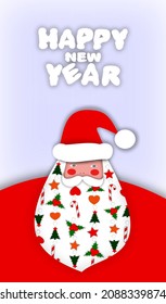 The inscription "Happy New Year". A huge Santa Claus in a hat with a colorful beard. A set of Christmas trees, lollipops. Christmas cartoon cut out of paper. New Year greeting card made of cardboard.