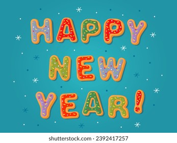 The inscription "Happy New Year" on a blue background. New Year's gingerbread cookies in the form of letters. Homemade Christmas cookies with colorful sweet sugar icing. Christmas card, banner