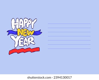 The inscription Happy New Year. Red blue white and yellow colors. Postcard. Printing and decoration.