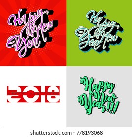 inscription Happy New Year. Template for drawing a greeting card with a three-dimensional printing label