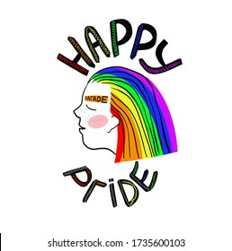 Inscription happy pride parade, a girl with multi-colored hair. LGBT poster.  Gay pride concept. LGBTK slogan is right. Doodle style,  Life, Gets, Better, Together.  Hand written pride, love. Vector.