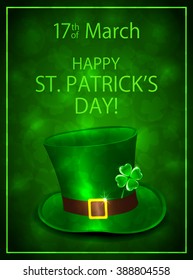 Inscription Happy St. Patrick's Day on green background with leprechauns hat and shiny clover, illustration.