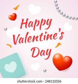 inscription Happy Valentine's Day on a light background with some objects, illustration for postcards and design