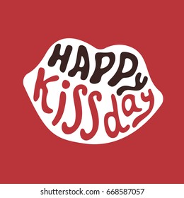 Inscription: Happy world kiss Day inside trace of lipstick. Vector image for postcards, design and your business