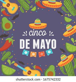 inscription hat avocado guitar cactus cinco de mayo mexican celebration vector illustration