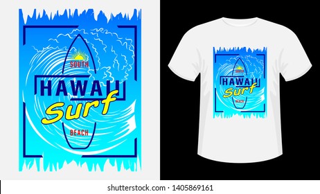 Inscription Hawaii resort, surf. Surfboard, silhouette of running woman against sea wave, sunset and palm trees. Geometric shape. Concept design for t-shirt, print, card. Vector Illustration