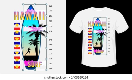 Inscription Hawaii Surf, Endless summer. Surfboard, silhouette of a running woman against the sunset and palm trees. Geometric shape. Concept design for t-shirt, print, card. Vector Illustration
