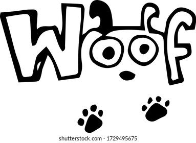 
inscription and head of the dog in the style of doodle woof and footprint. black and white. can be used for clothing (t-shirts, sweatshirts, socks, children's things), notebooks and web design