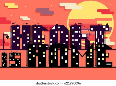 Inscription heart is home made from original building alphabet with sunset background.