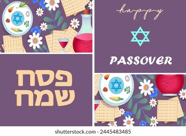 Inscription in Hebrew Happy Passover. Pessach.Star of David. Greeting card, invitation, cover, banner.Wine,a dish with traditional treats, Jewish matzah, flowers, wine glasses.