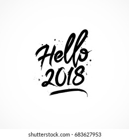 Inscription Hello 2018. Vector lettering on a white background. Elements for design. Great holiday New Year greeting card.