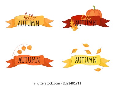 Inscription Hello autumn on a ribbon with autumn leaves and flowers in flat hand drawn style. Vector stock illustration